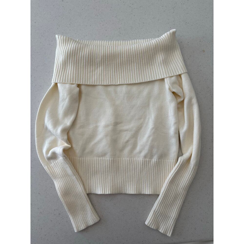 Women’s Ivory Off Shoulder Sweater Ribbed Foldover Cowl Neck Knit Pullover - Picture 9 of 10